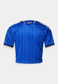 Plavi sportski dres s uzorkom lista, kratkih rukava, zlatnim detaljima na ovratniku i rukavima, te natpisom "AZZURRA" na leđima.