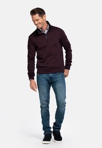 Donkerpaars pullover met een kwart ritssluiting en een zijzak, gedragen met blauwe jeans en zwarte schoenen. Soepele, ontspannen pasvorm, casual ontwerp.