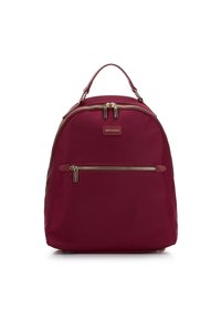 Bordeaux nylon ryggsäck med rundad form, som har ett handtag på toppen, dubbla dragkedjor och en framficka med dragkedjestängning. Guldiga detaljer.