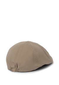 Brown flat cap made from smooth fabric, featuring a rounded shape and gathered elastic at the back for adjustable fit.