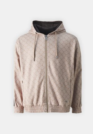 Helles rosa Zip-Jacket mit geometrischem Muster, verstellbarer Kapuze, elastischen Bündchen und geripptem Saum. Mit Seitentaschen.