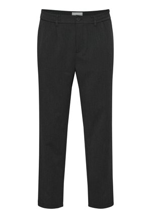 Zwarte broek van een gladde stof, met een knoopsluiting en riemlussen. Recht model met een subtiele textuur.