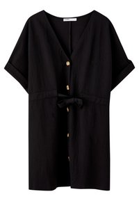 Czarna koszula na guziki z dekoltem w serek, krótkimi rękawami i wiązaniem w talii. Ozdobiona złotymi guzikami i wykonana z miękkiego, fakturowanego materiału.