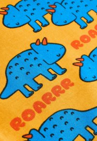 Niebieski kreskówkowy triceratops z pomarańczowymi rogami na żółtym tle, otoczony powtarzanym słowem „ROARRR” w pogrubionych pomarańczowych literach.