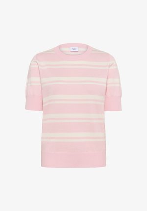 Pull rose à manches courtes avec des rayures horizontales blanches, encolure ronde et poignets et ourlet côtelés. Fabriqué en tissu doux et texturé.