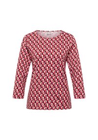 Rotes Tunika-Oberteil mit Dreiviertelärmeln, das ein geometrisches Muster in verschiedenen Rottönen, Weiß und Pink aufweist. Glatte Stofftextur.