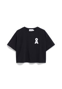 Black cropped t-shirt made of cotton, featuring a white graphic "A" logo on the left chest. Short sleeves and a round neckline.