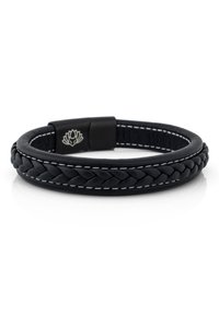 Brățara din piele neagră are un design împletit, cu cusături albe și un clește elegant negru, care prezintă un emblemă cu lotus.
