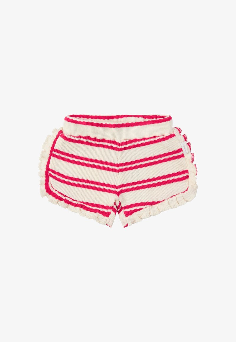 Shorts tricotés rayés crème et rose avec bords à volants et taille élastique, posés à plat sur un fond blanc.