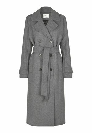 Grijze wollen trenchcoat van een wolmengsel met een dubbelgebreide voorkant, grote revers, zijzakken, een bijpassende riem en knoopmanchetten.