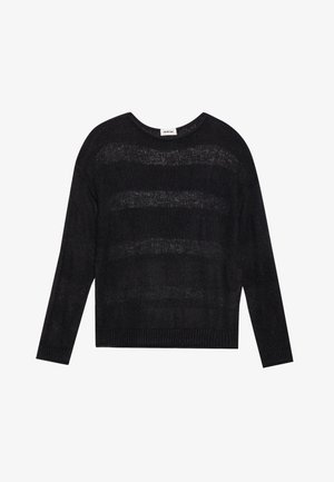 Schwarzer Strickpullover mit lockerer Passform, langen Ärmeln, runder Halslinie und strukturierten horizontalen Streifen. Rippenbündchen an Saum und Ärmeln.