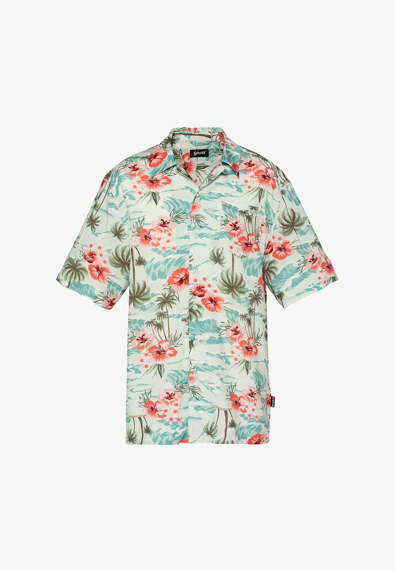 Chemise à manches courtes boutonnée avec fond bleu sarcelle et beige, ornée de fleurs d'hibiscus rouges et d'un imprimé de palmiers, col ouvert et poche avant.