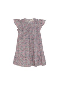 Florale jurk met korte gerimpelde mouwen, geplooide buste, knie-lange zoom, gemaakt van lichtgewicht stof met een roze, blauwe en witte bloemenpatroon.
