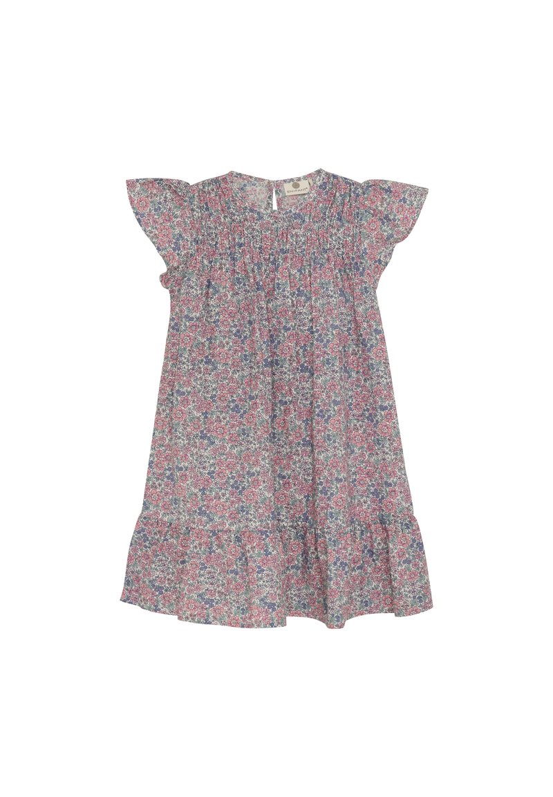 Florale jurk met korte gerimpelde mouwen, geplooide buste, knie-lange zoom, gemaakt van lichtgewicht stof met een roze, blauwe en witte bloemenpatroon.