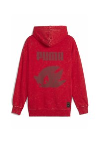 Rode hoodie met een gestructureerde afwerking, met een groot grijs "PUMA"-logo en een Sonic the Hedgehog grafiek op de achterkant. Het heeft een capuchon en ribgebreide manchetten.