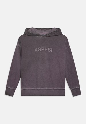 Pullover-Hoodie in verblasstem Dunkelgrau, mit einer vorderen Kängurutasche, gerippten Bündchen und dem eingeprägten Schriftzug "ASPESI" auf der Brust.