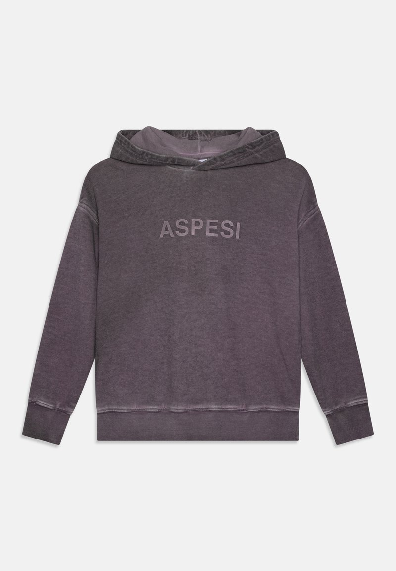 Pullover-Hoodie in verblasstem Dunkelgrau, mit einer vorderen Kängurutasche, gerippten Bündchen und dem eingeprägten Schriftzug "ASPESI" auf der Brust.