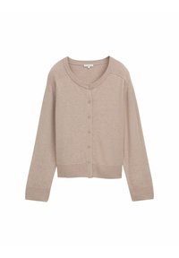 Helles beige Langarm-Button-Up-Cardigan mit gerippten Bündchen und Saum sowie einem runden Ausschnitt.