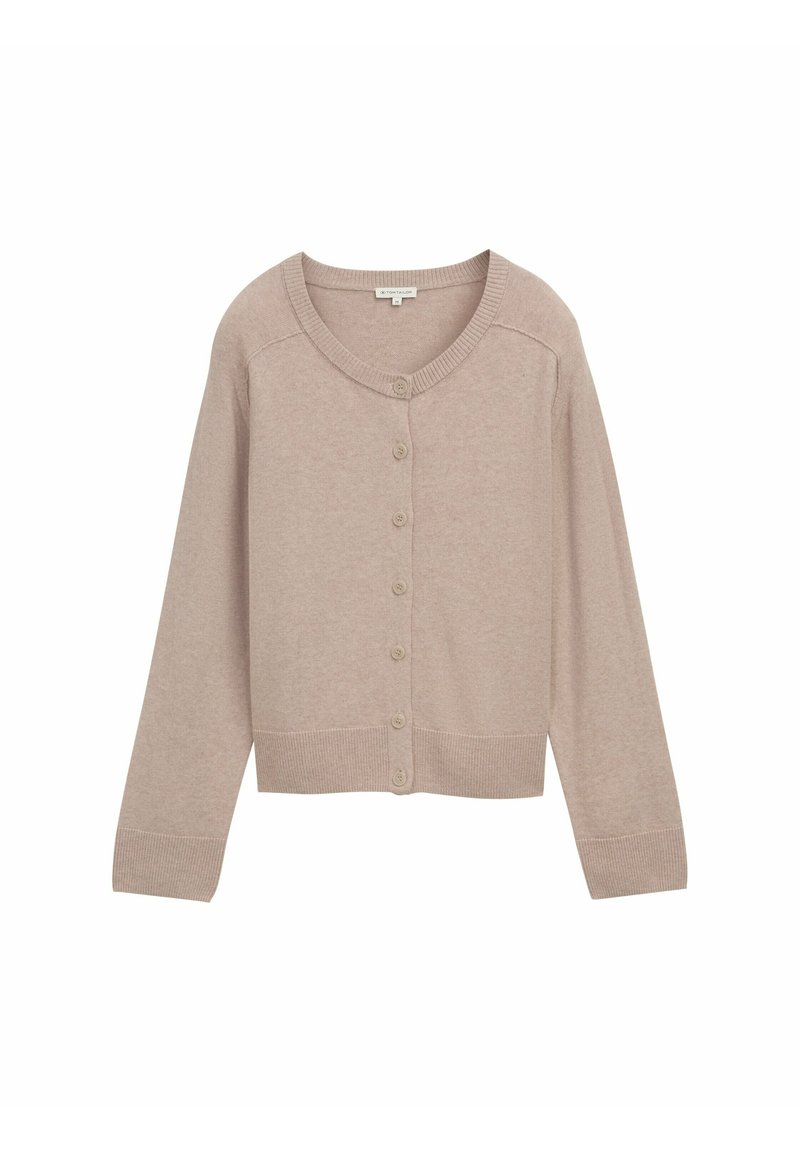 Helles beige Langarm-Button-Up-Cardigan mit gerippten Bündchen und Saum sowie einem runden Ausschnitt.