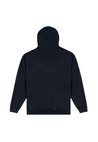 Černá mikina s kulatou kapucí, dlouhými rukávy a žebrovanými manžetami. Hladká textura, volný střih se zakončením v pase, bez viditelných grafik nebo vzorů.