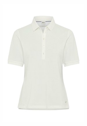 Witte polo shirt met korte mouwen, een geribbelde kraag, een drieknopenschild en een klein logo op de zoom. Glad stoffen textuur.