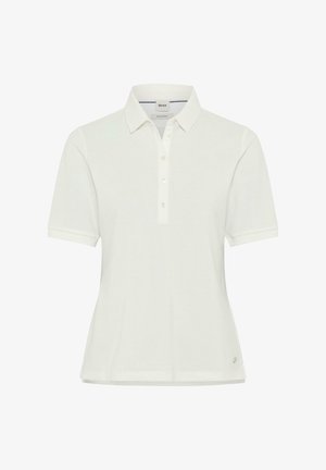 Witte polo shirt met korte mouwen, een geribbelde kraag, een drieknopenschild en een klein logo op de zoom. Glad stoffen textuur.