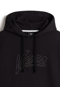 Black hoodie with a drawstring. Features white embroidered logo design. Made of soft fabric with a smooth texture.