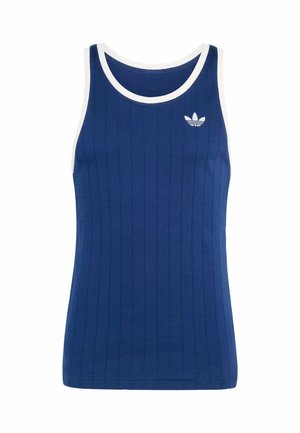 Blauwe mouwloze geribbelde tanktop met witte bies rond de hals en armopeningen, met een klein wit Adidas trefoil-logo op de borst.