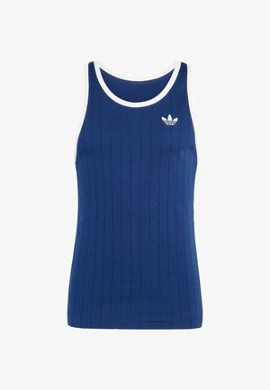 Plavi prsluk rebraste strukture bez rukava, s bijelom obrubom oko vrata i pazuha, s malim bijelim Adidas trefoil logom na prsima.