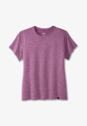 T-shirt mauve chiné à manches courtes et col rond avec petite étiquette logo Brooks en bas de l'ourlet, taille moyenne.