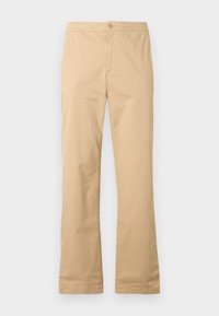 Pantalon en coton beige avec un design à jambe droite, doté d'une fermeture à bouton à l'avant et sans motifs ni accents visibles.