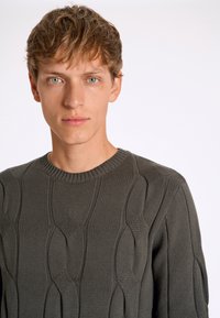 Tumma vihreä neulepaita, jossa on teksturoitu kaapelitekstuuri, pyöreä pääntie ja resorit hihoissa, valmistettu pehmeästä kankaasta.