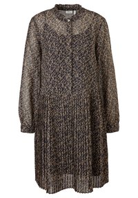 Robe noire plissée à manches longues avec motif géométrique abstrait beige et petit col à volants, boutonnée devant, tissu transparent sur les manches.