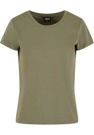 T-shirt olive en coton à manches courtes, avec un col rond, présentant des coutures minimales et une coupe classique.