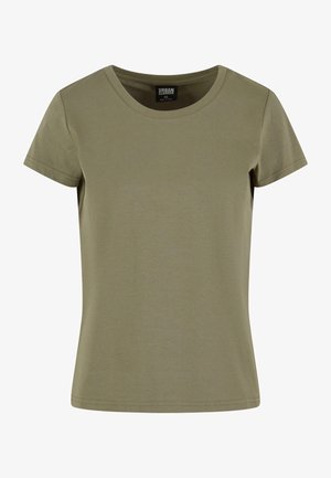 Olive green short-sleeve T-shirt with a round neckline, made from soft cotton, featuring minimal stitching and a classic fit.