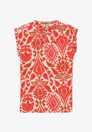 Blouse à manches courtes avec un motif floral rouge et rose vif sur un fond crème, dotée de manches volantées et d'un lien au niveau du col.