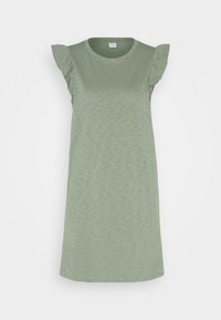 Robe à manches courtes en vert clair, confectionnée dans un tissu doux. Elle présente des manches volantées et un col rond. Design simple et droit.