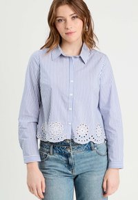 Chemise rayée boutonnée en bleu et blanc, avec un ourlet festonné et des détails découpés floraux. Manches longues avec poignets, en tissu léger.