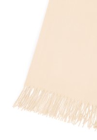 Sciarpa beige con una texture liscia e bordi frangiati, caratterizzata da una forma rettangolare e un design in tessuto uniforme e morbido.
