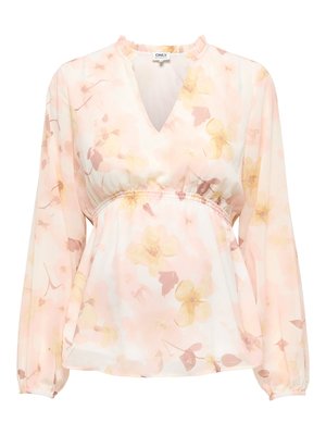 Világos rózsaszín áttetsző blúz hosszú ujjakkal, virágmintával, V-nyakkivágással, fodros gallérral és elasztikus derékrésszel.