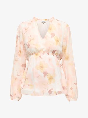 Lichtroze doorschijnende blouse met lange mouwen, bloemenpatroon, V-hals, kraag met ruches en elastische taille.