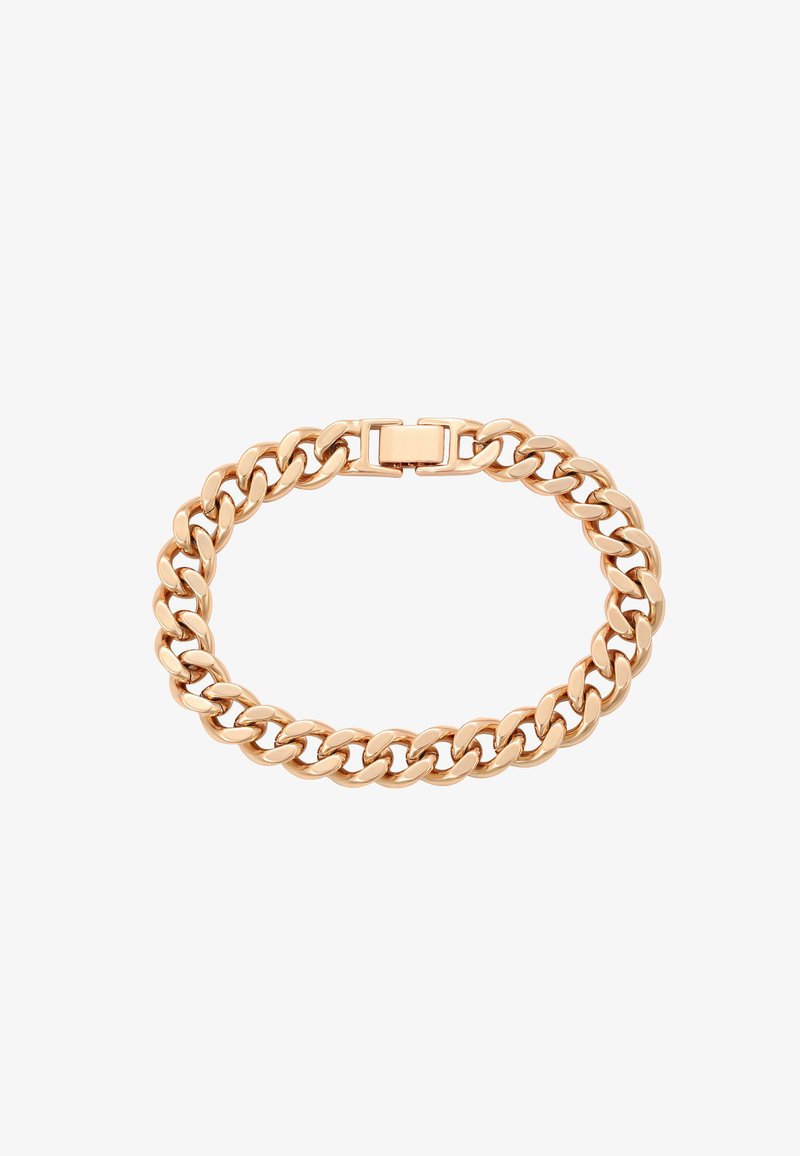 Rózsaarany színű lánc karkötő sima, egymásba kapcsolódó láncszemekkel és kapoccsal. A fényes felület kiemeli a letisztult formát és a textúrát.