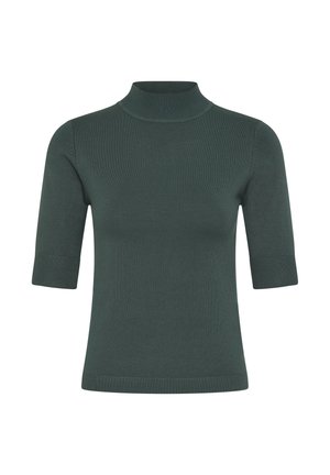 Haut à col roulé côtelé vert foncé avec des manches courtes et une silhouette ajustée. Le matériau semble lisse avec une texture subtile.