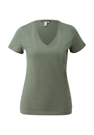 Olijfgroene korte mouw dames T-shirt van katoen met V-hals, een getailleerd silhouet en een merkembleem aan de binnenkant van de kraag.