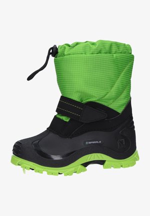 Schwarze und grüne Winterstiefel für Kinder mit wasserdichtem Design, strukturiertem Obermaterial, Kordelzug oben und verstärkter Gummisohle für besseren Halt.
