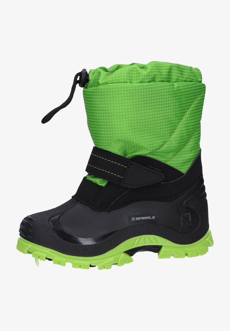Schwarze und grüne Winterstiefel für Kinder mit wasserdichtem Design, strukturiertem Obermaterial, Kordelzug oben und verstärkter Gummisohle für besseren Halt.