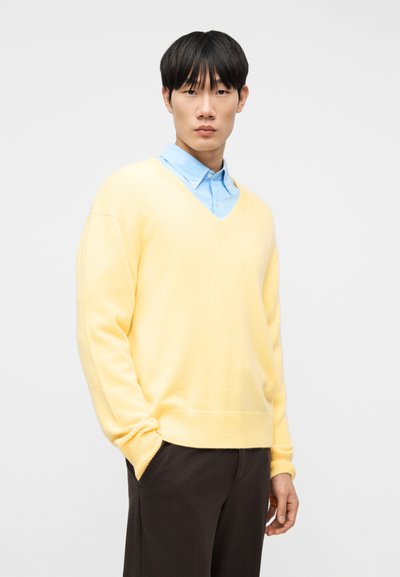 Άνδρας που φοράει κίτρινο πουλόβερ V με γιακά πάνω από ανοιχτό μπλε πουκάμισο με κουμπιά και μαύρο παντελόνι, στέκεται μπροστά σε απλό φωτεινό φόντο.