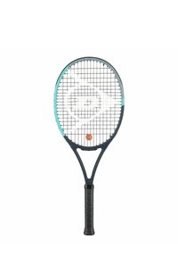 Tennisschläger mit einem schwarzen Rahmen und türkisfarbenen Akzenten, einem strukturierten schwarzen Griff und einem kreuzweisen Muster der Besaitung im Schlägerkopf.