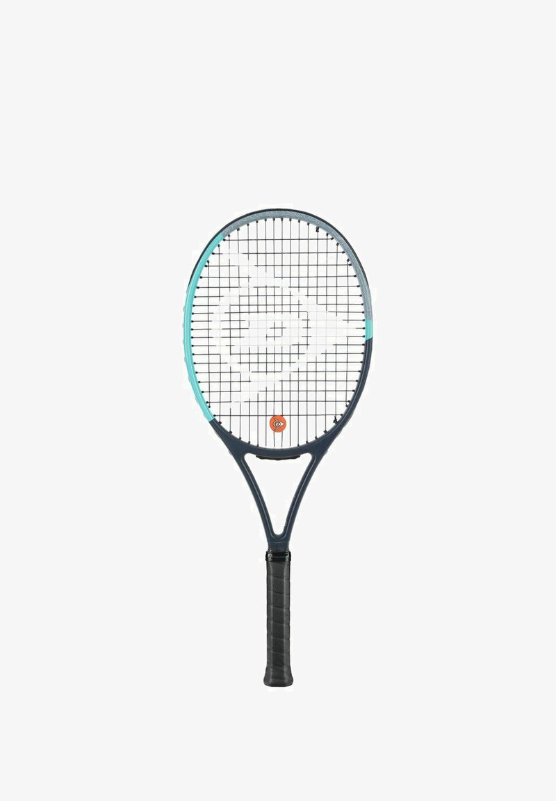 Tennisschläger mit einem schwarzen Rahmen und türkisfarbenen Akzenten, einem strukturierten schwarzen Griff und einem kreuzweisen Muster der Besaitung im Schlägerkopf.