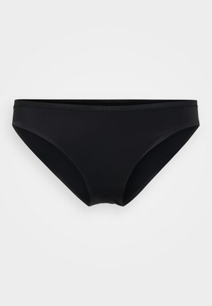 Čierne bikiny s hladkým povrchom, so zvýrazneným logom na elastickom páse. Jednoduchý, minimalistický dizajn. Elastický materiál.
